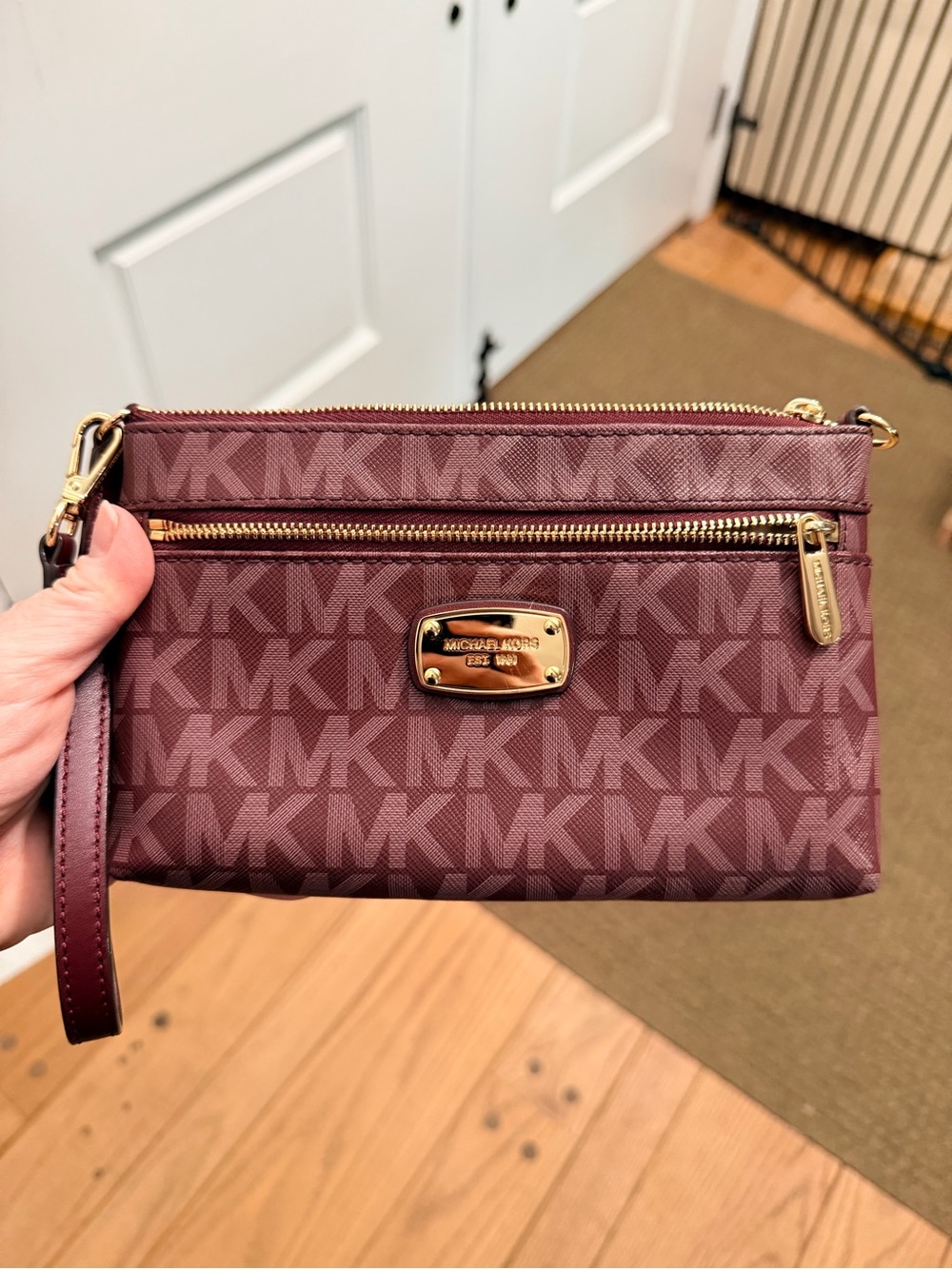 Michael Kors Wine MK Logo Wristlet with Gold Hardware